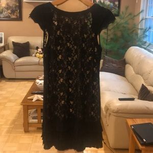 Black And Beige Cap Sleeve Lace Little Black Dress